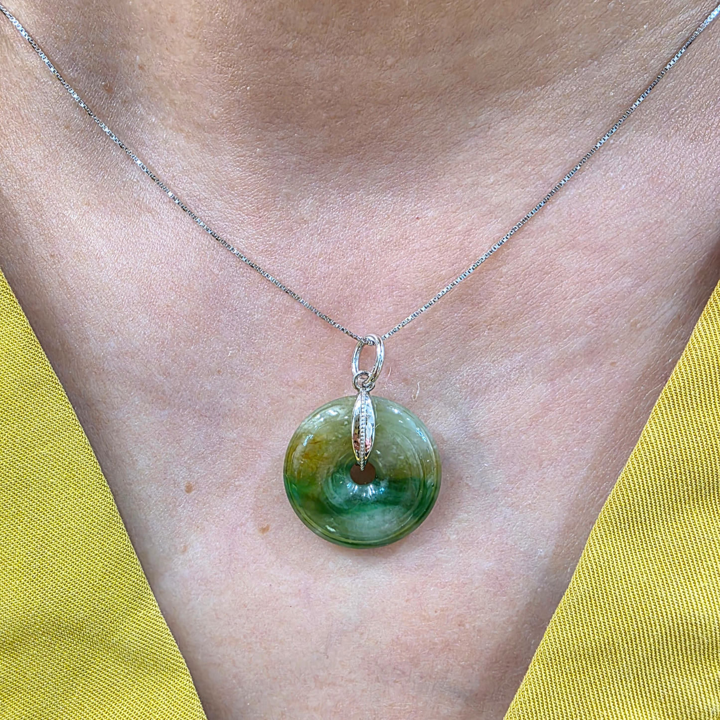 Yellow and Green "Lucky Coin" Jadeite Jade Pendant in White Gold