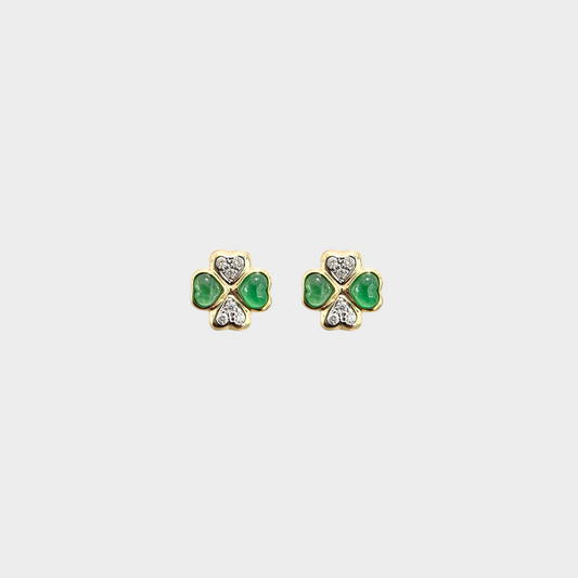 "Clover" Jadeite Jade Stud Earrings in Yellow Gold with Diamonds