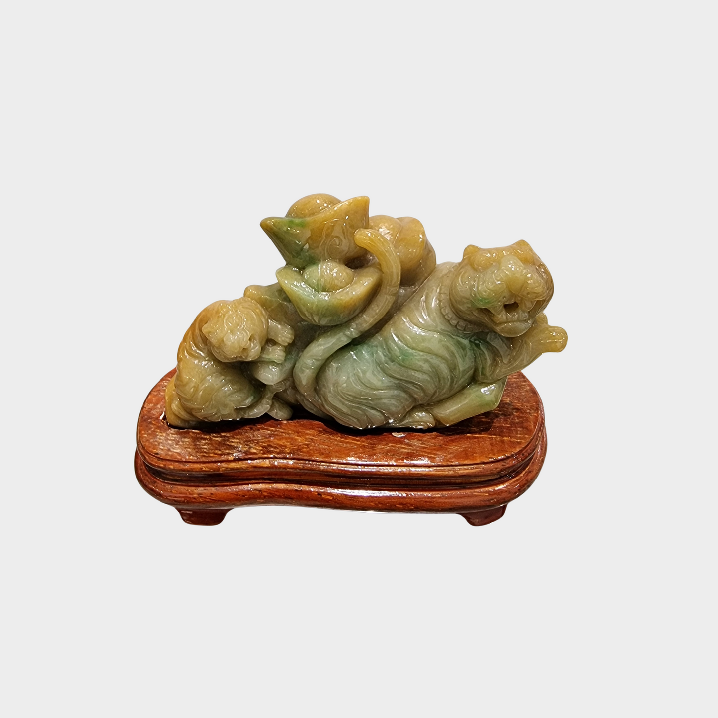 "Tigers with Wealth Ingots" Jadeite Jade Display