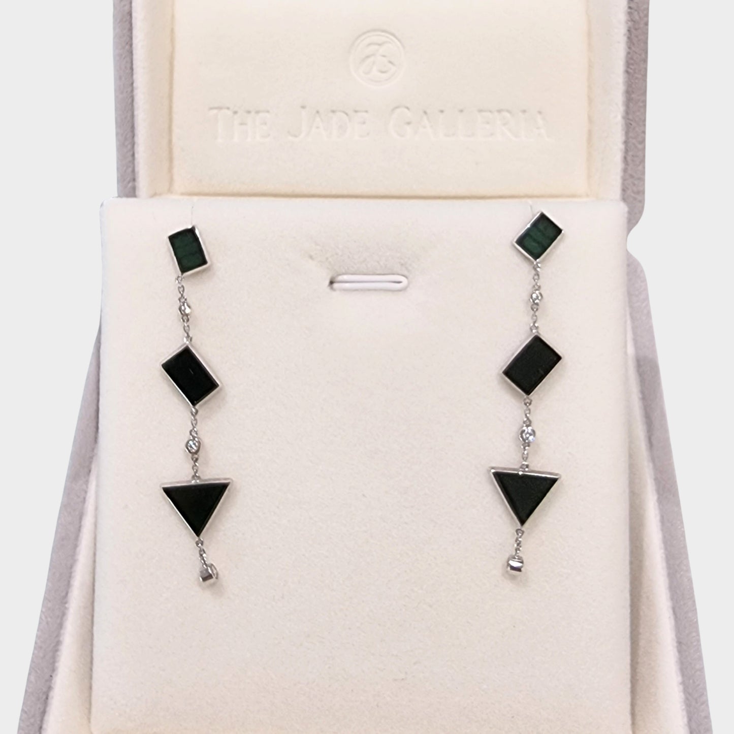 Omphacite Jadeite Jade Triple-Drop Earrings in White Gold with Diamonds