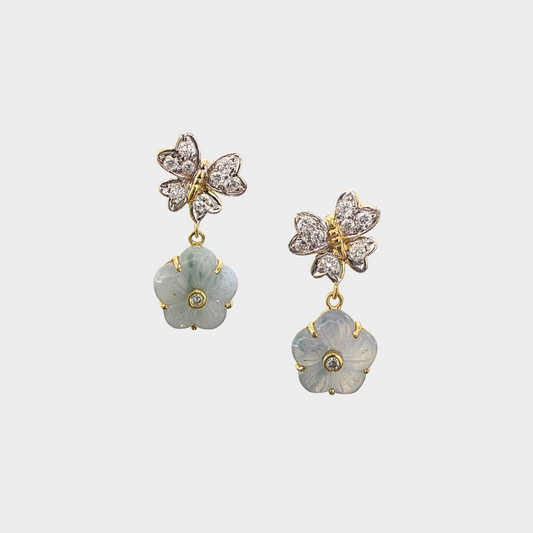 Lavender "Peach Blossom" Jadeite Jade Earrings in Yellow Gold with Diamonds