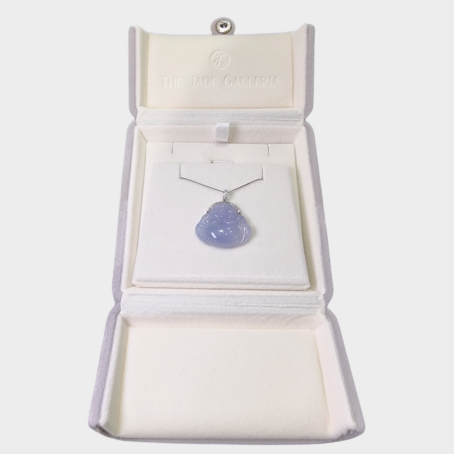 Laughing Buddha Jadeite Jade Pendant in White Gold with Diamonds