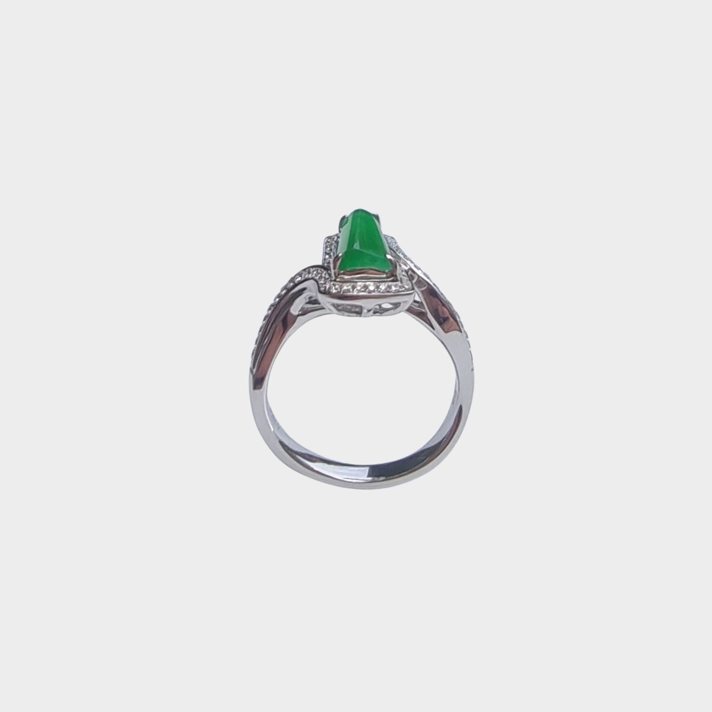 "Trapezoid" Apple Green Jadeite Jade Ring in White Gold with Diamonds