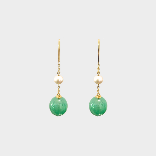 Jadeite Jade Beads Earrings with Pearls in Yellow Gold