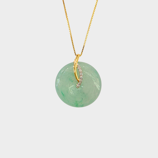 Icy Green Jadeite Jade "Lucky Coin" Pendant in Yellow Gold with Diamonds