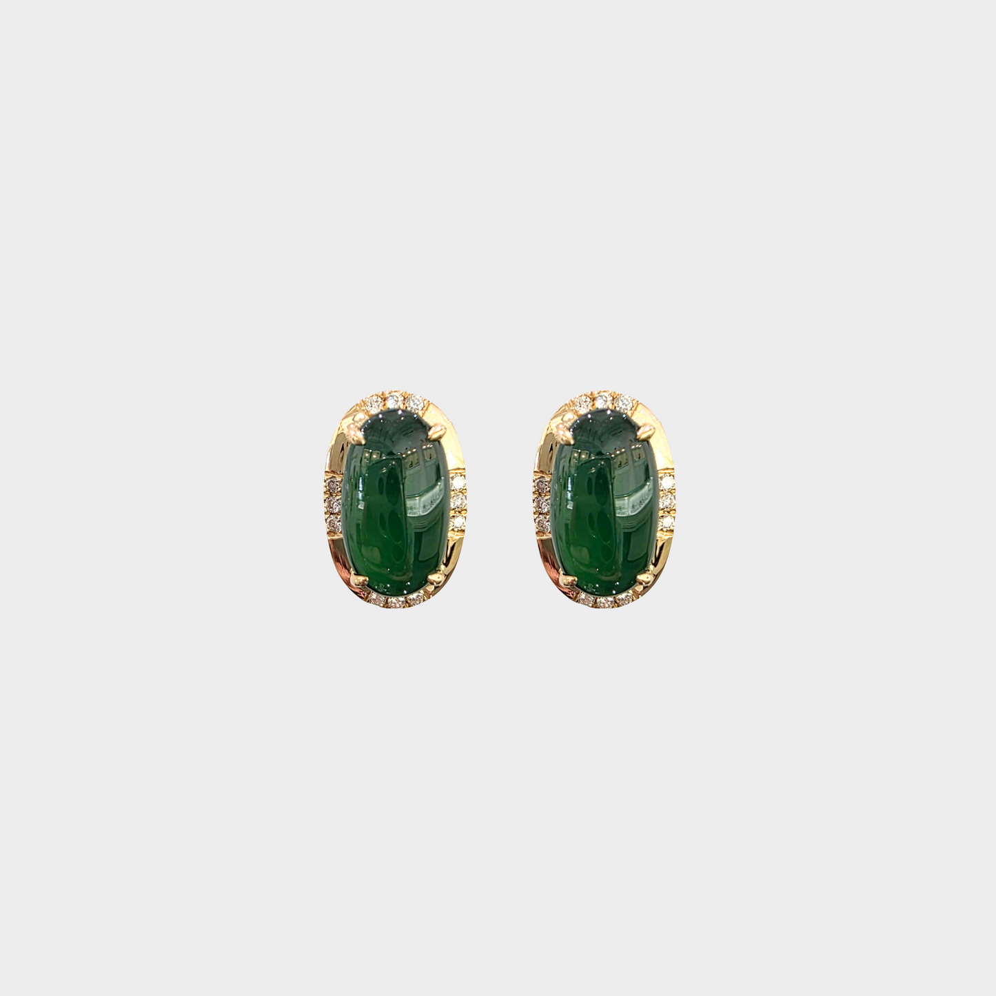 Green Jadeite Jade Stud Earrings in Yellow Gold with Diamonds
