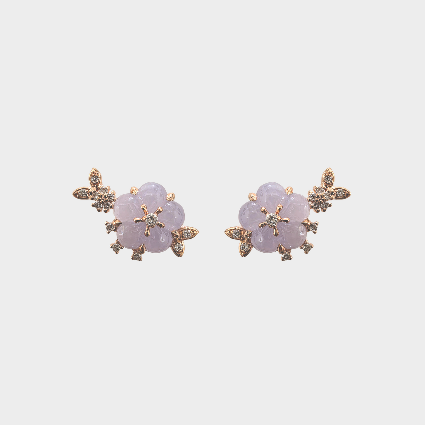 Lavender "Peach Blossom" Jadeite Jade Earrings in Rose Gold with Diamonds