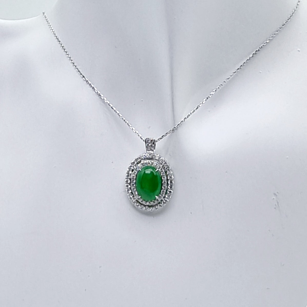 Jadeite Jade Cabochon Ring and Pendant in White Gold with Diamonds