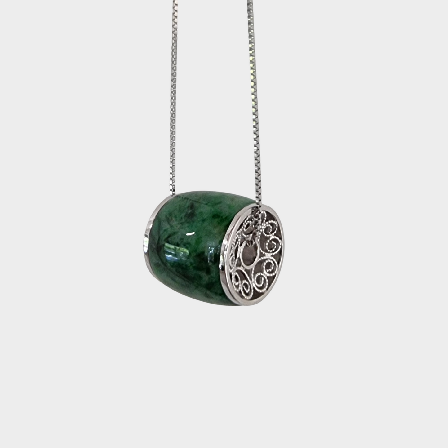 Flower Green Jadeite Jade Barrel Pendant in White Gold