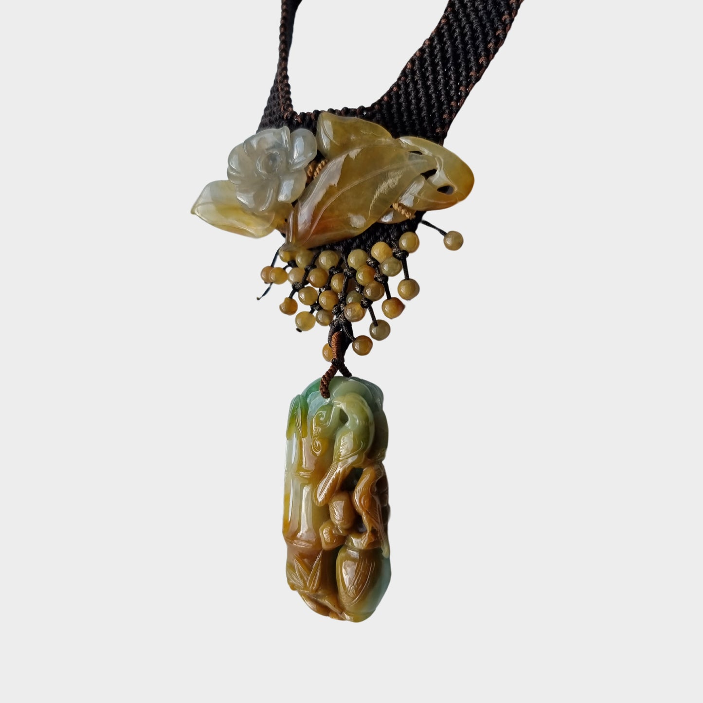 Bamboo & Bird Carving Jadeite Jade Pendant in Chinese Knot Design