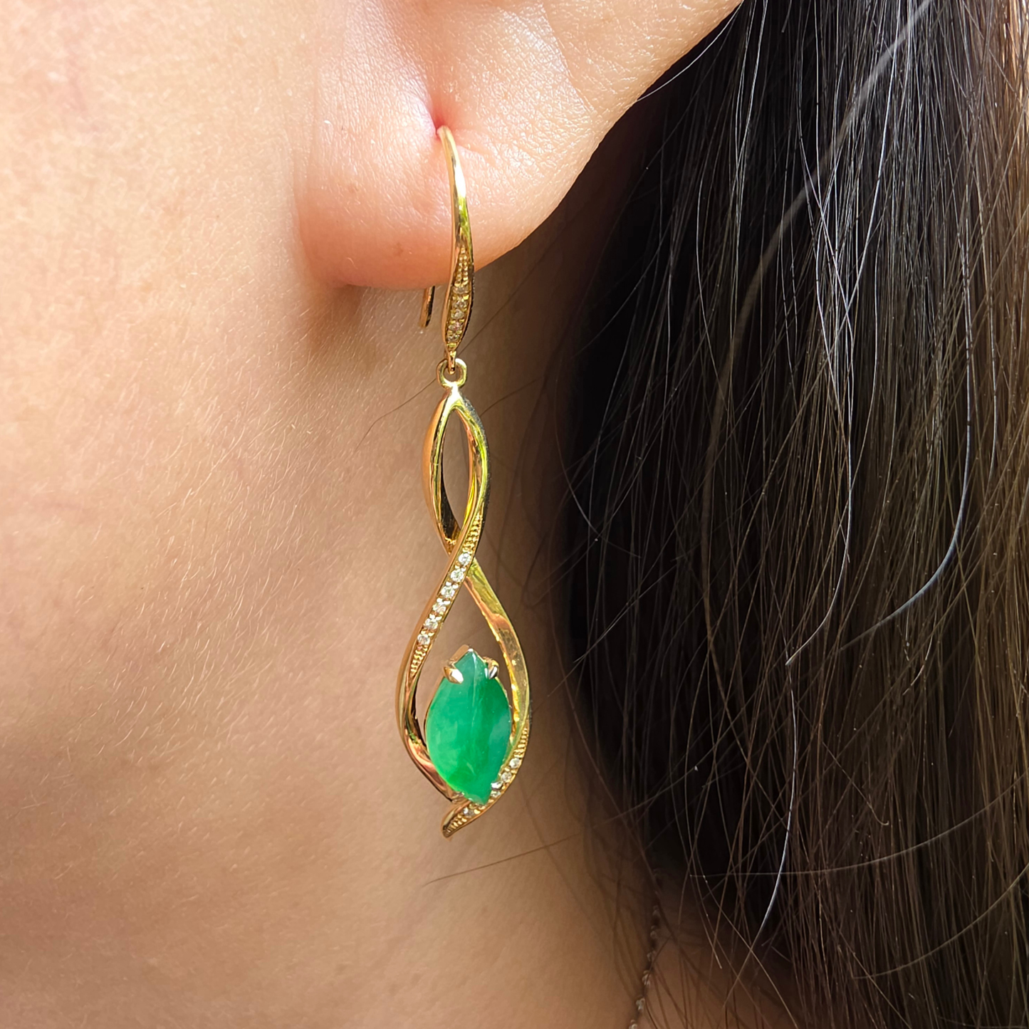 Apple Green Jadeite Jade Drop & Dangle Earrings in Yellow Gold with Diamonds