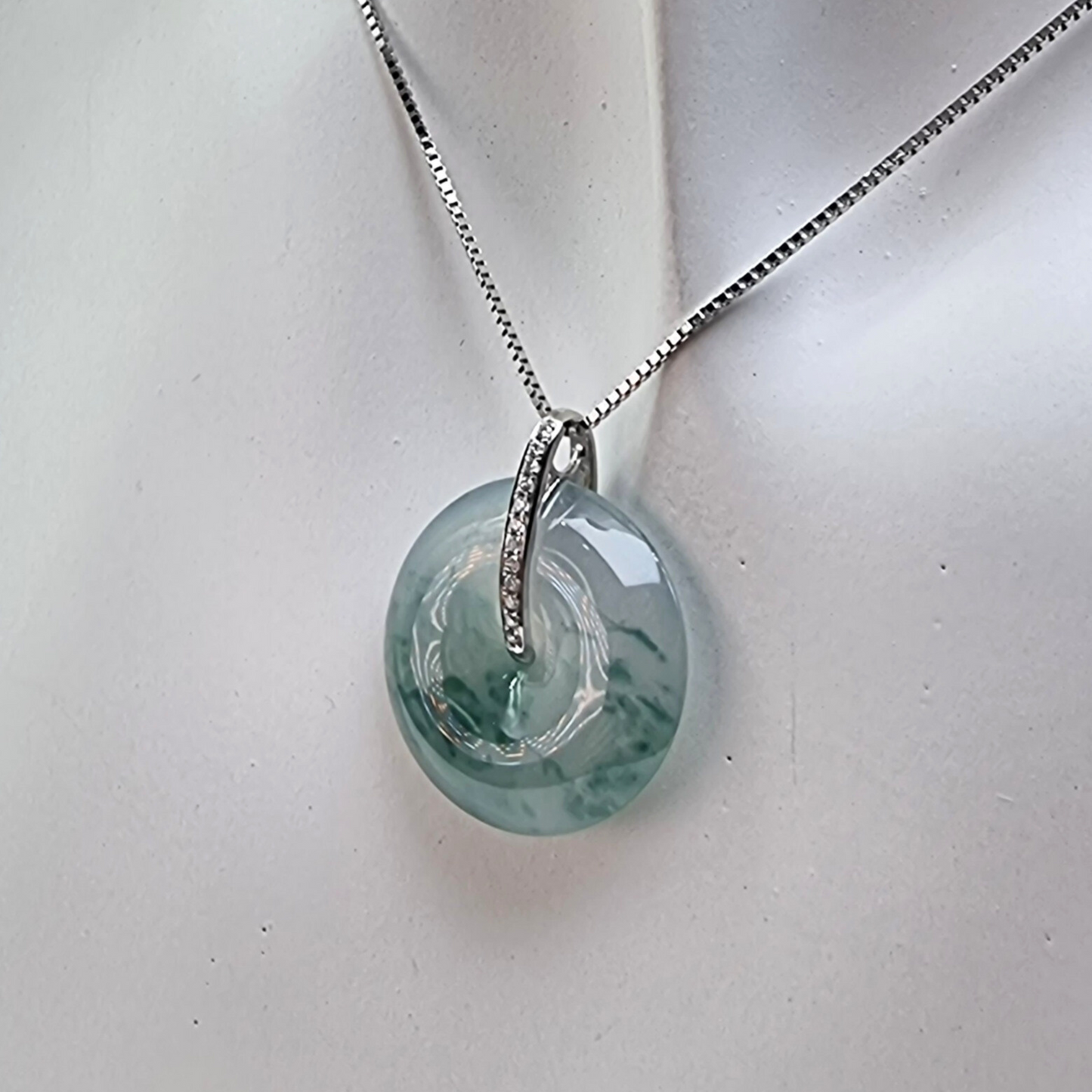 Icy "Donut" Jadeite Jade Pendant in White Gold with Diamonds