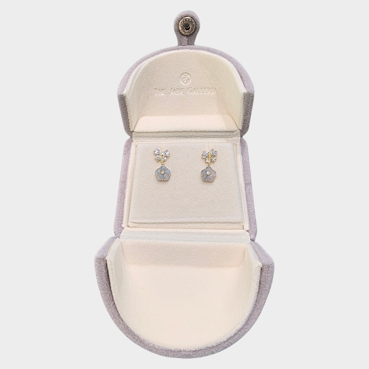 Lavender "Peach Blossom" Jadeite Jade Earrings in Yellow Gold with Diamonds