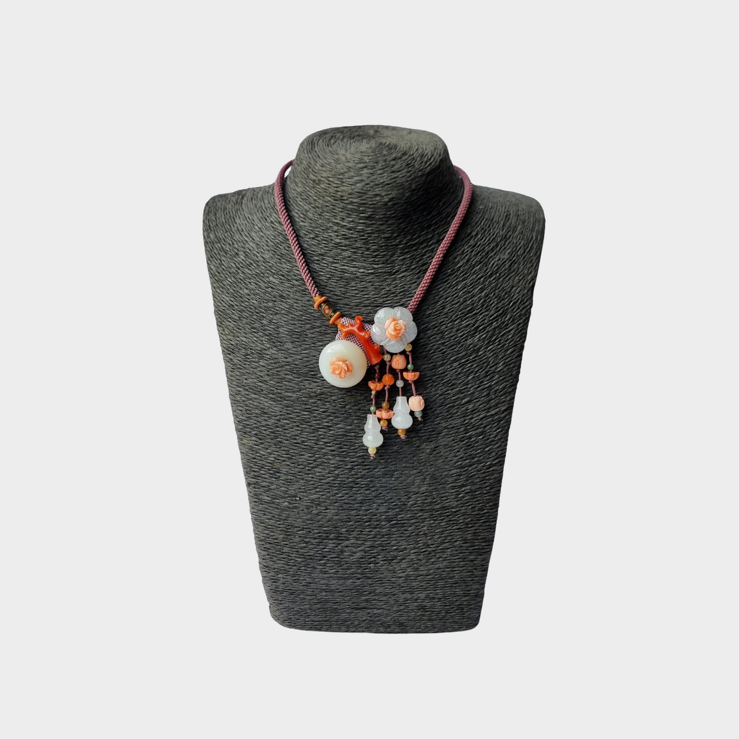 Jade and Coral Necklace in Chinese Knot Design