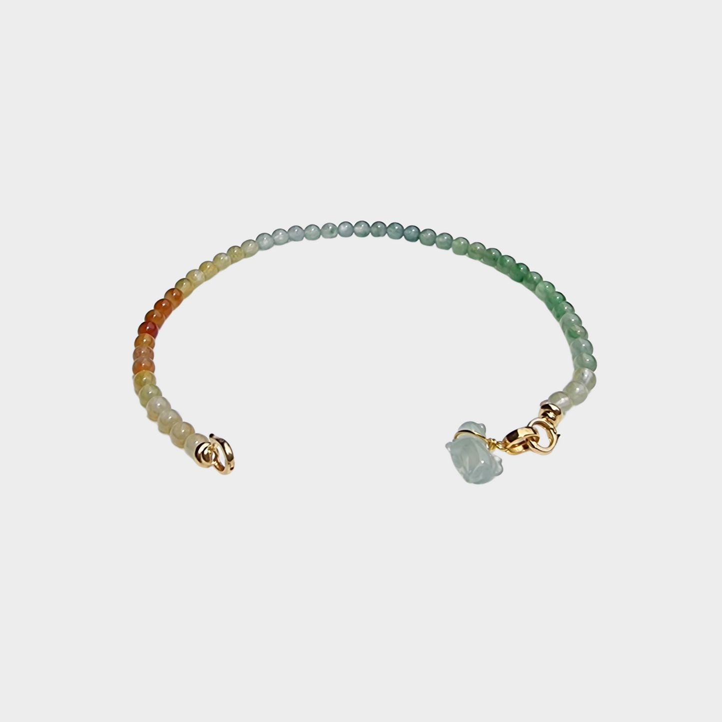 "Rainbow" Jadeite Beads Bracelet with "Little Kitty" in Yellow Gold