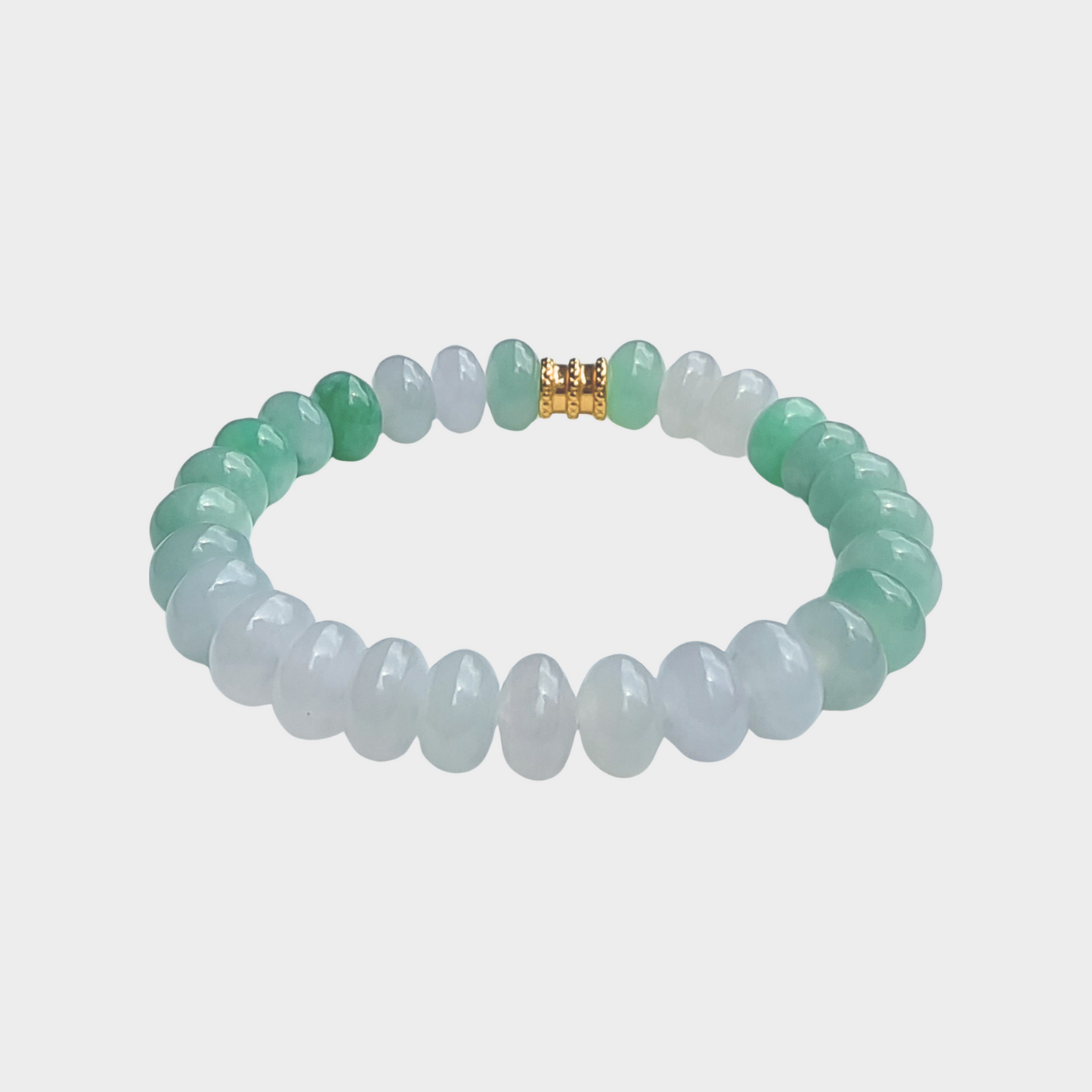 Green and Icy White Jadeite Beads Bracelet with Gold Barrel