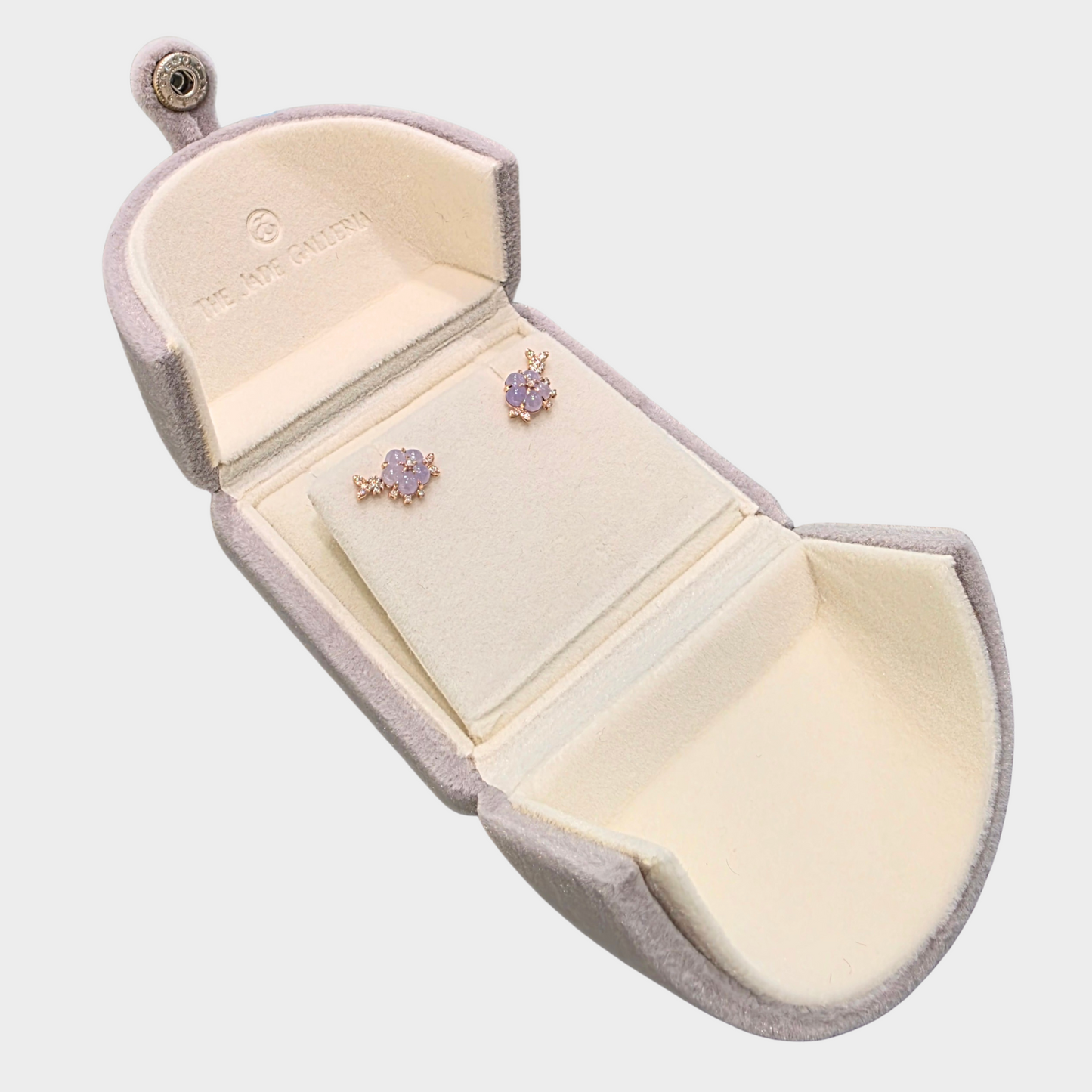 Lavender "Peach Blossom" Jadeite Jade Earrings in Rose Gold with Diamonds