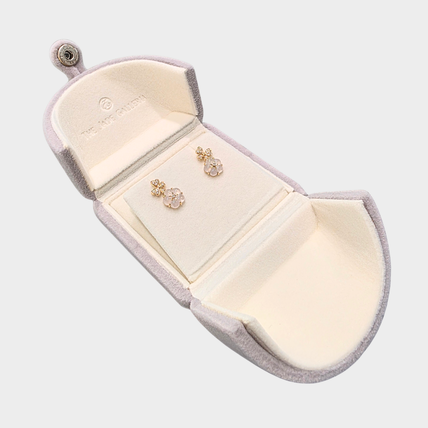 Icy "Peach Blossom" Jadeite Jade Earrings in Yellow Gold with Diamonds