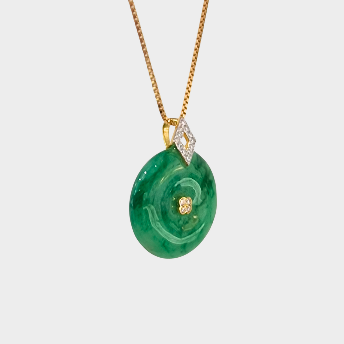 Green "Lucky Coin" Jadeite Jade Pendant in Yellow Gold with Diamonds