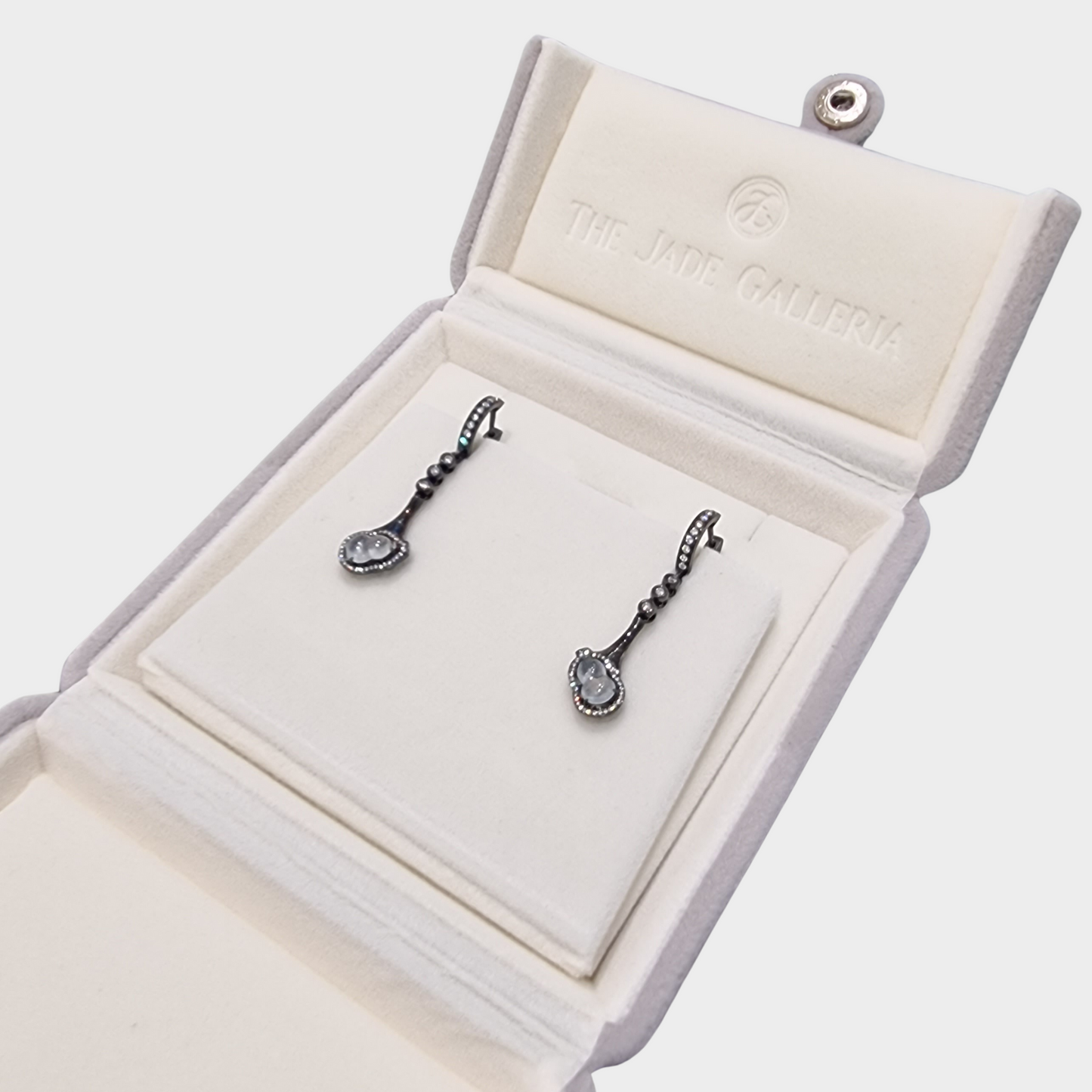 Icy "Auspicious Hulu" Jadeite Jade Drop & Dangle Earrings in Gold (plated black) with Diamonds