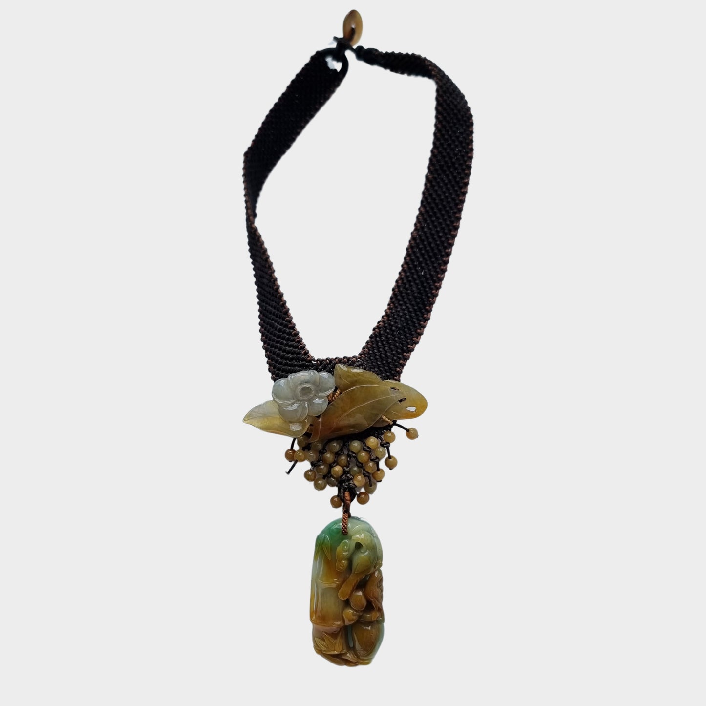 Bamboo & Bird Carving Jadeite Jade Pendant in Chinese Knot Design