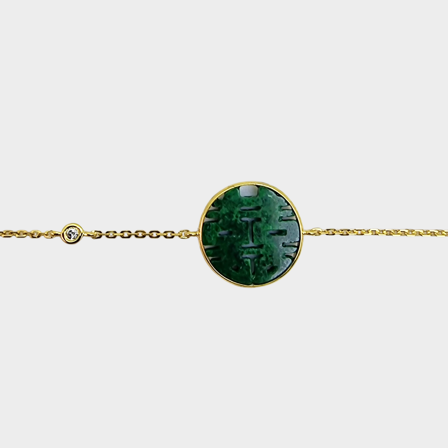 "Double Happiness" Jadeite Jade Bracelet in Yellow Gold with Diamonds