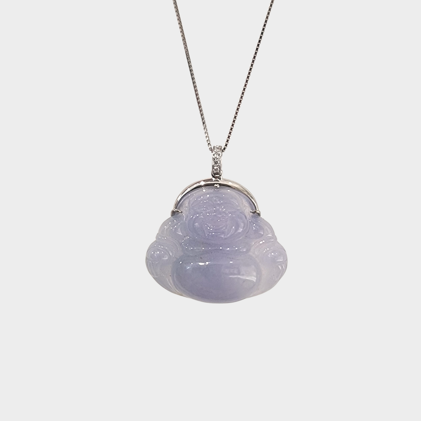 Laughing Buddha Jadeite Jade Pendant in White Gold with Diamonds