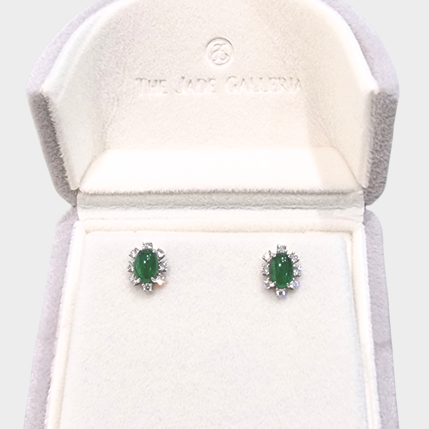 Emerald Green Jadeite Jade Stud Earrings in White Gold with Diamonds