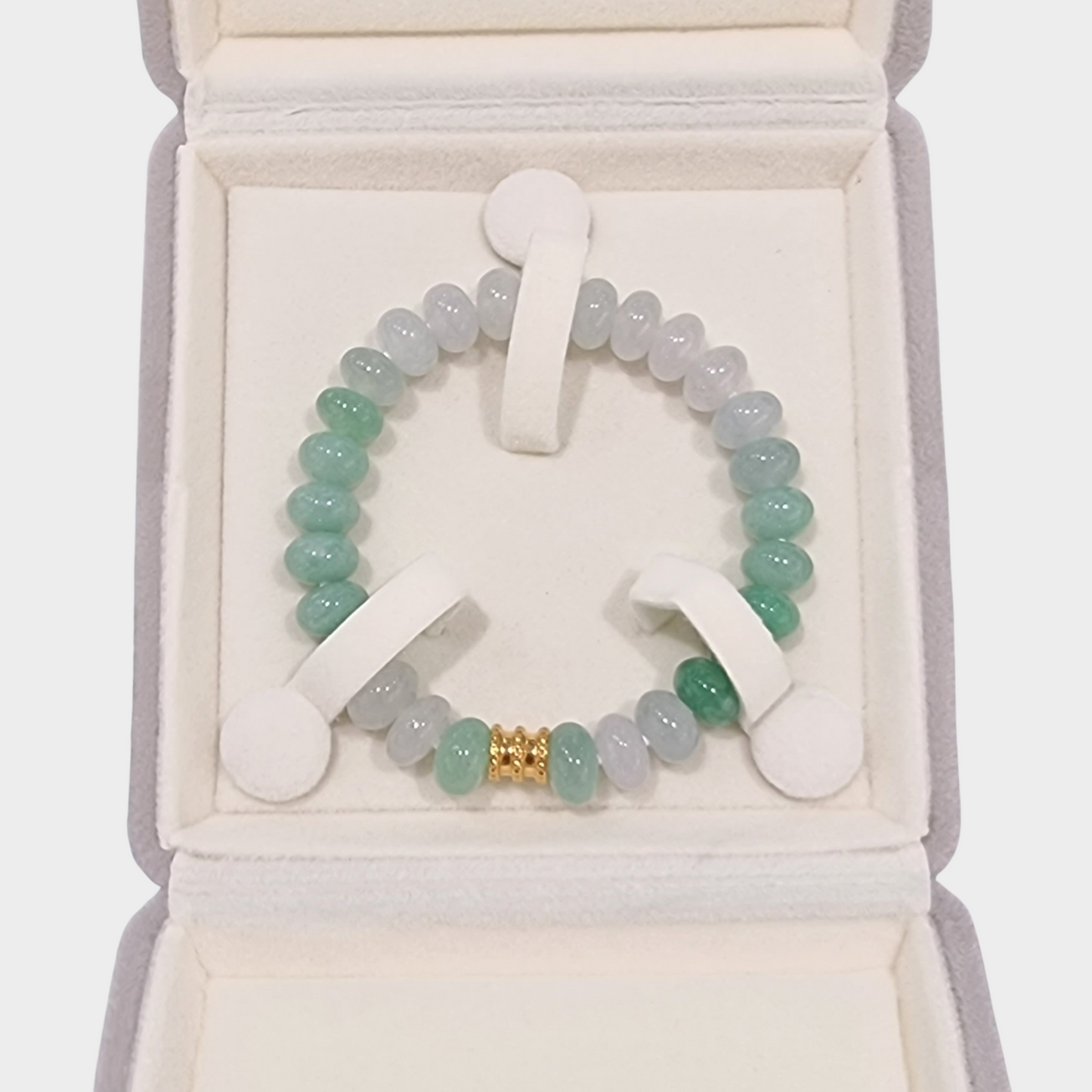 Green and Icy White Jadeite Beads Bracelet with Gold Barrel