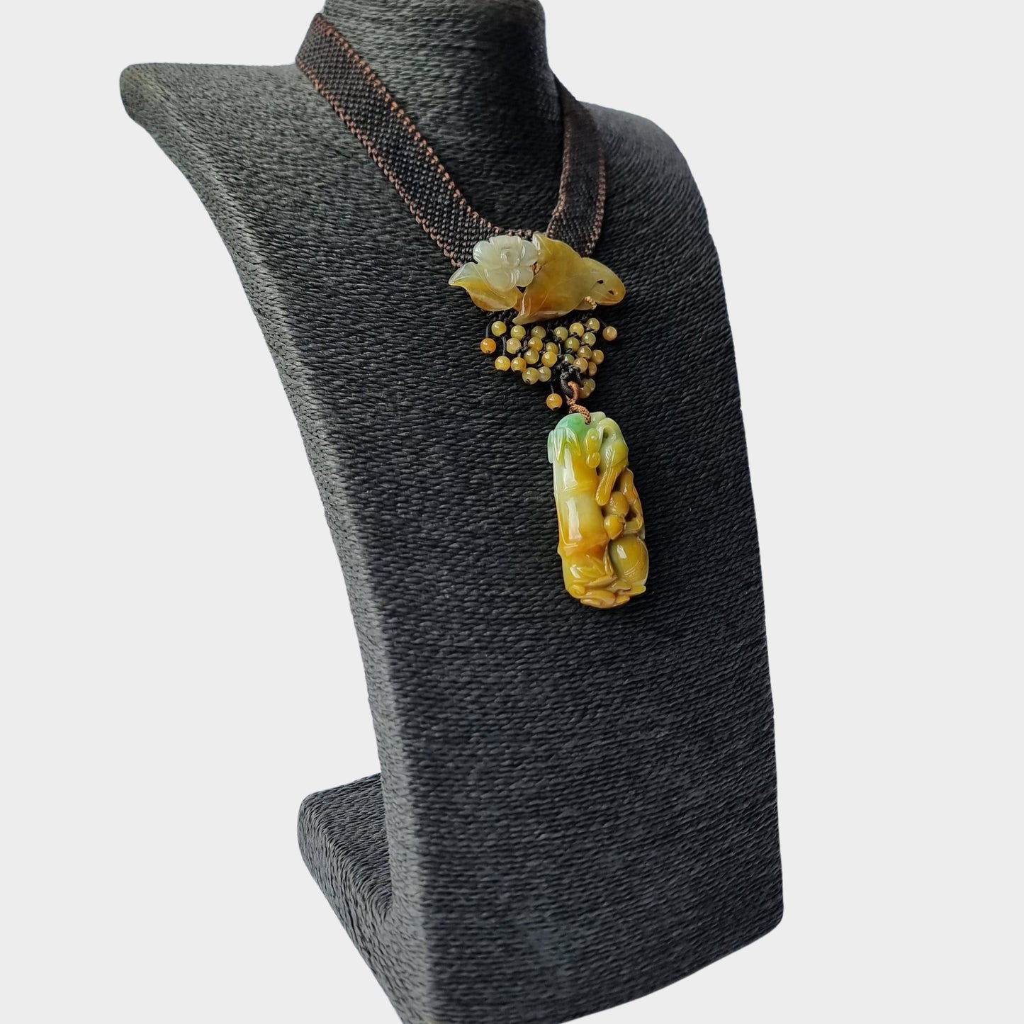 Bamboo & Bird Carving Jadeite Jade Pendant in Chinese Knot Design