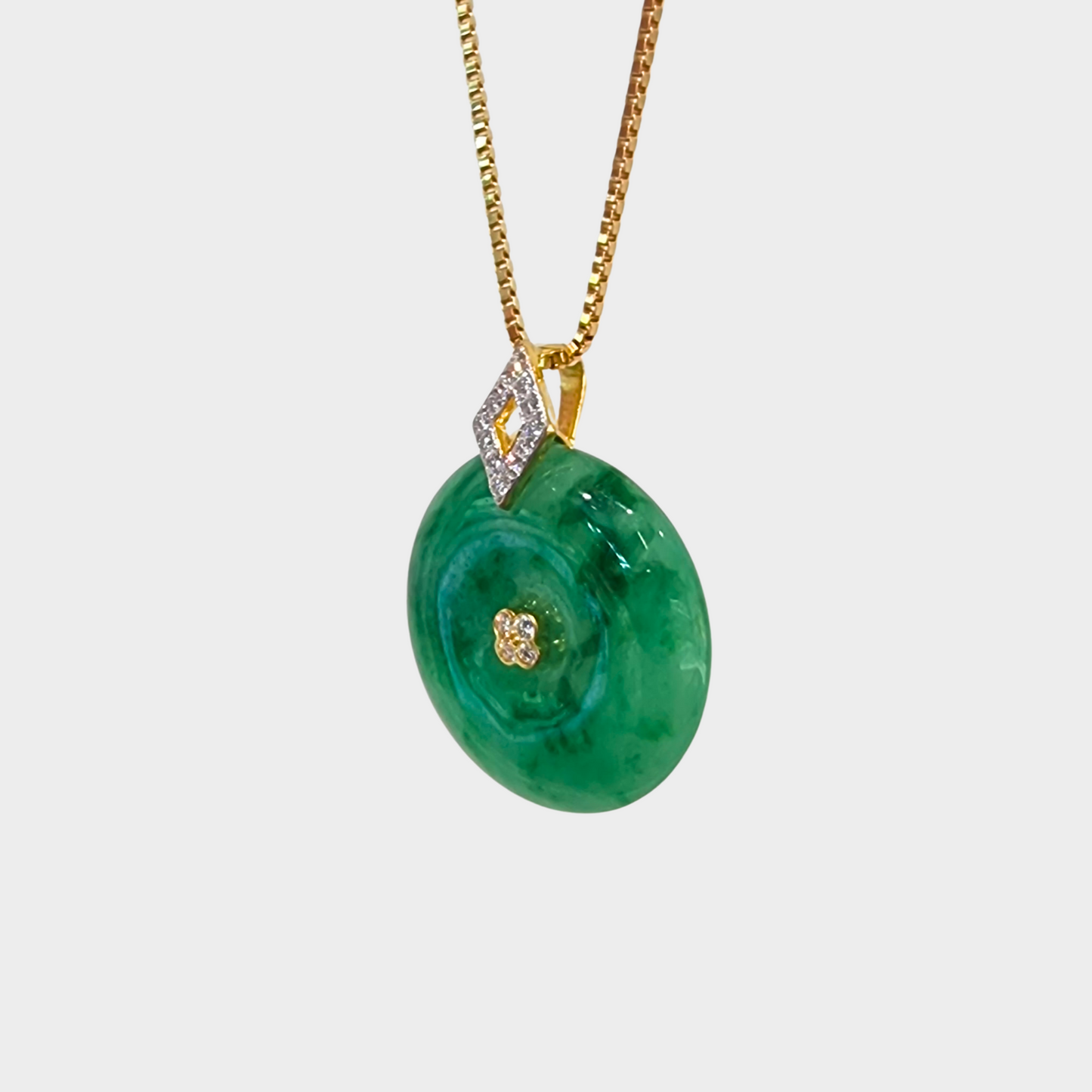 Green "Lucky Coin" Jadeite Jade Pendant in Yellow Gold with Diamonds
