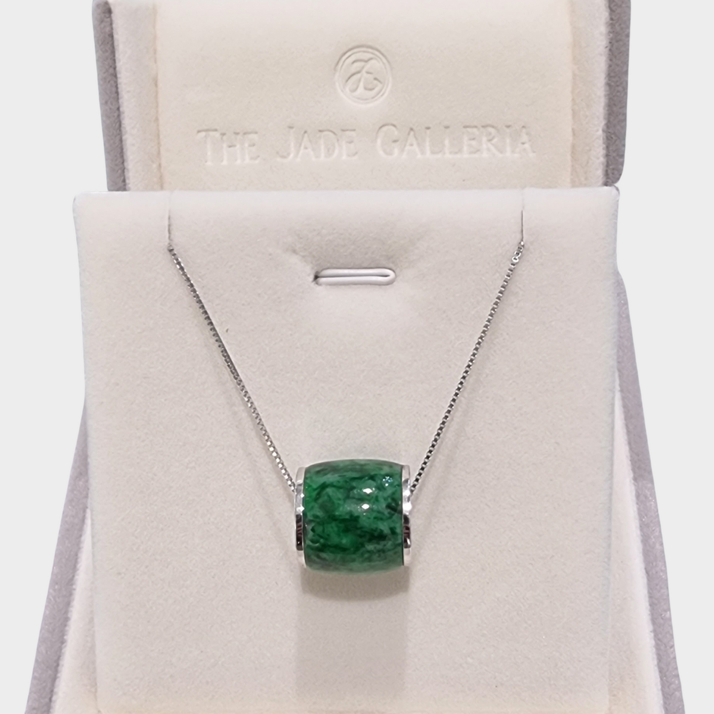 Flower Green Jadeite Jade Barrel Pendant in White Gold