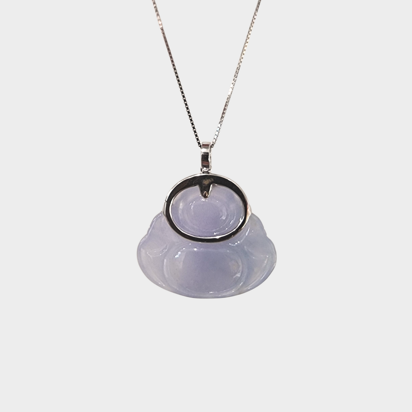 Laughing Buddha Jadeite Jade Pendant in White Gold with Diamonds