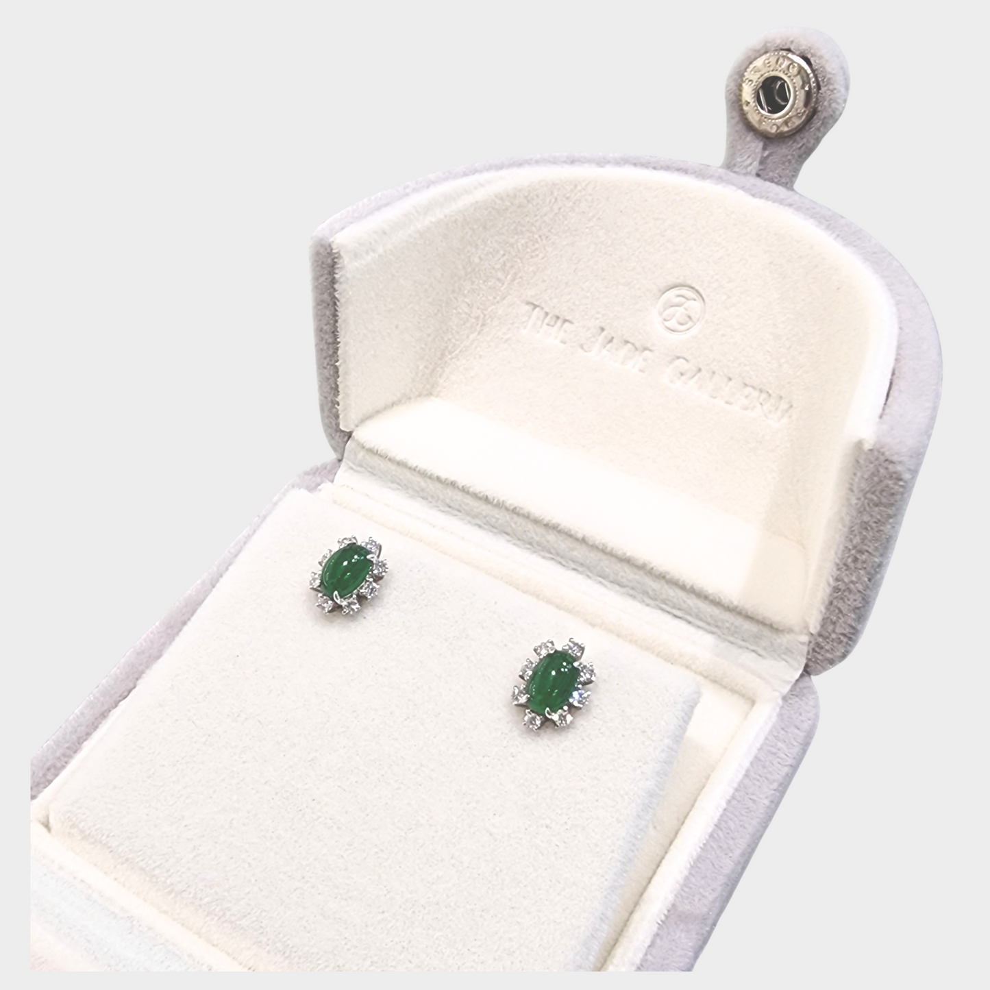 Emerald Green Jadeite Jade Stud Earrings in White Gold with Diamonds