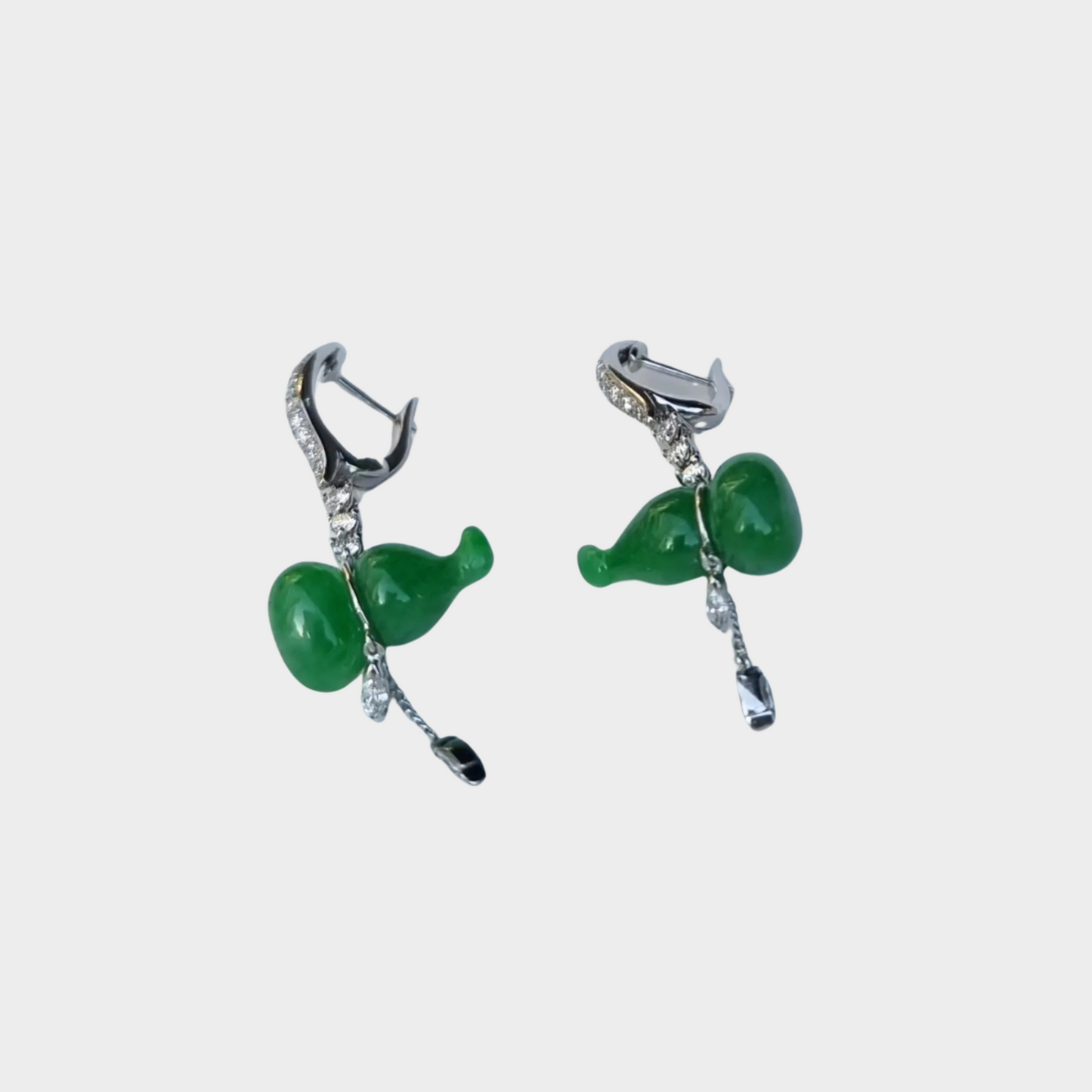 Brilliant Green "Auspicious Hulu" Jadeite Jade Drop & Dangle Earrings in White Gold with Diamonds