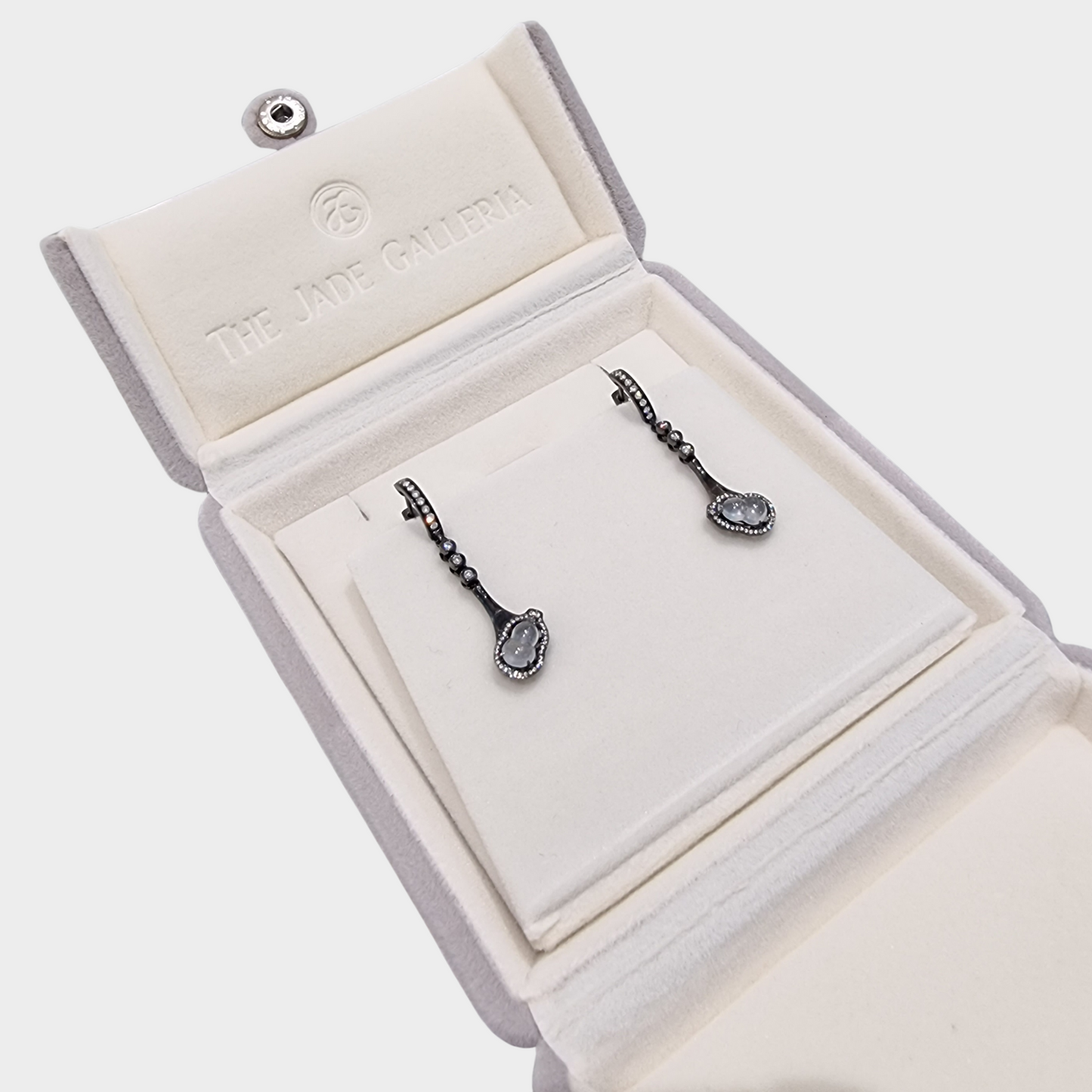 Icy "Auspicious Hulu" Jadeite Jade Drop & Dangle Earrings in Gold (plated black) with Diamonds