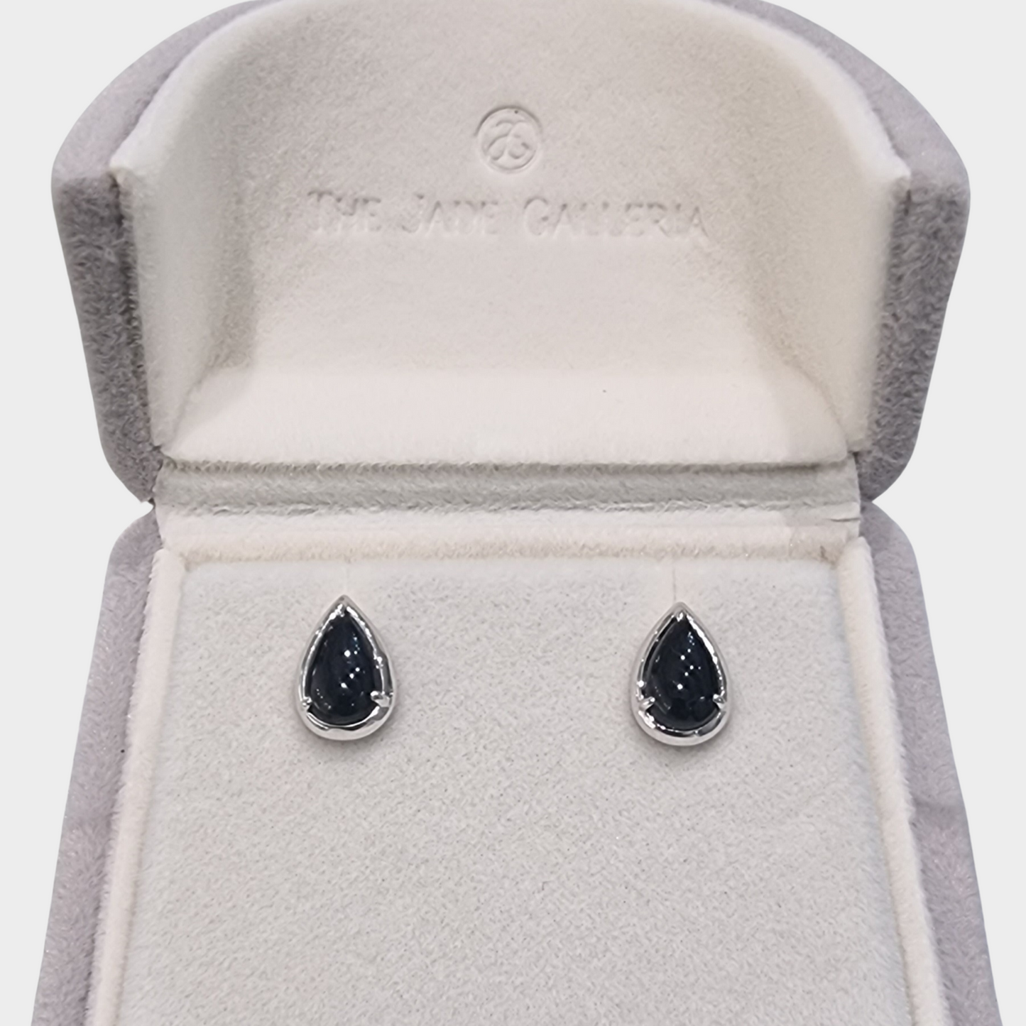 Black Jadeite Jade Teardrop Stud Earrings in White Gold
