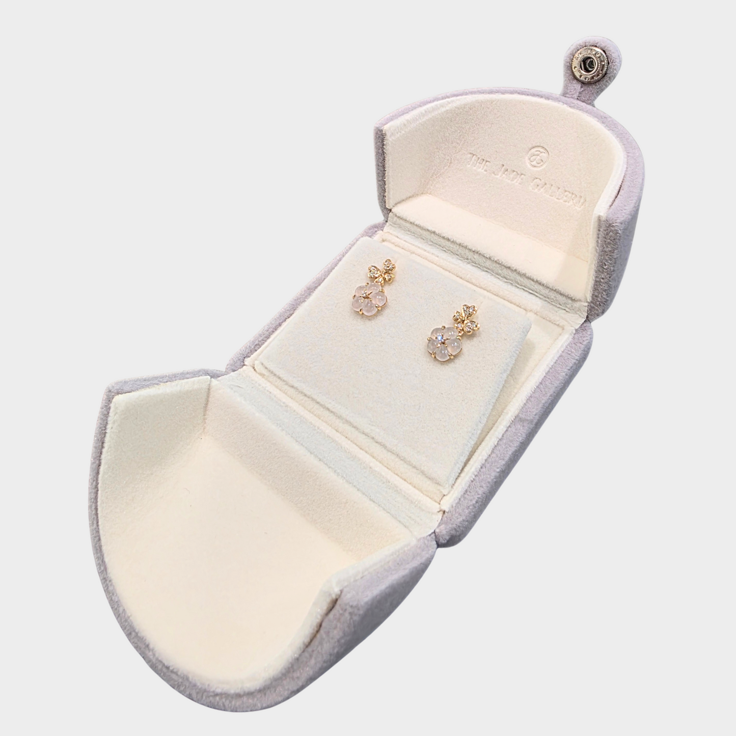 Icy "Peach Blossom" Jadeite Jade Earrings in Yellow Gold with Diamonds