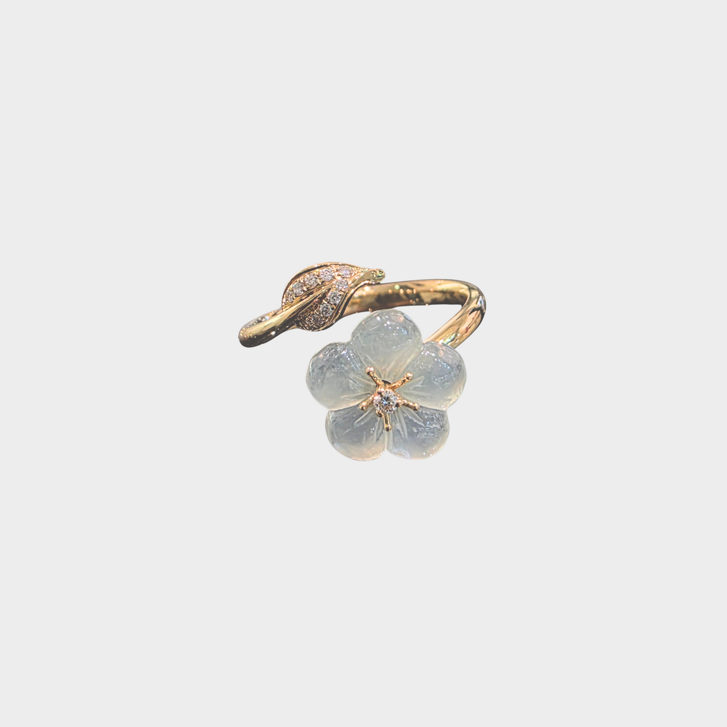 Icy "Peach Blossom" Jadeite Jade Ring in Yellow Gold with Diamonds