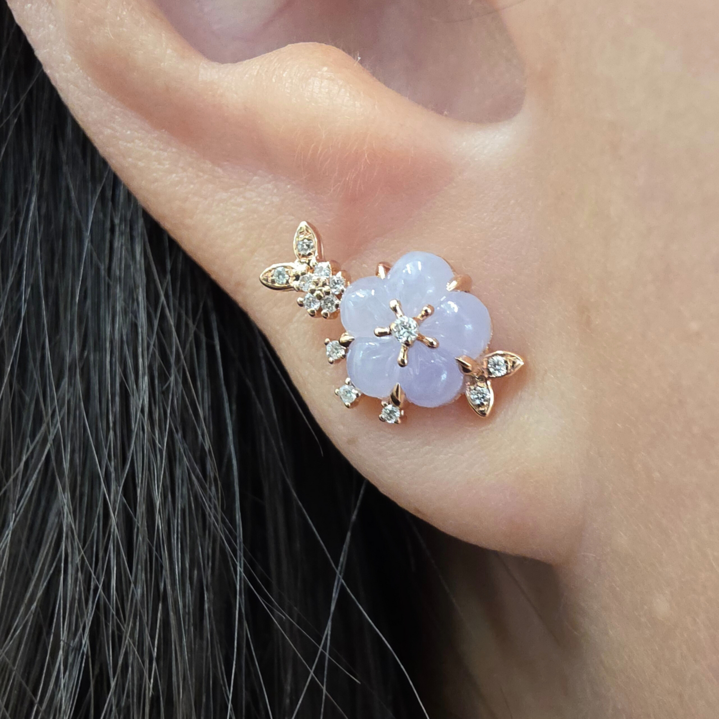 Lavender "Peach Blossom" Jadeite Jade Earrings in Rose Gold with Diamonds