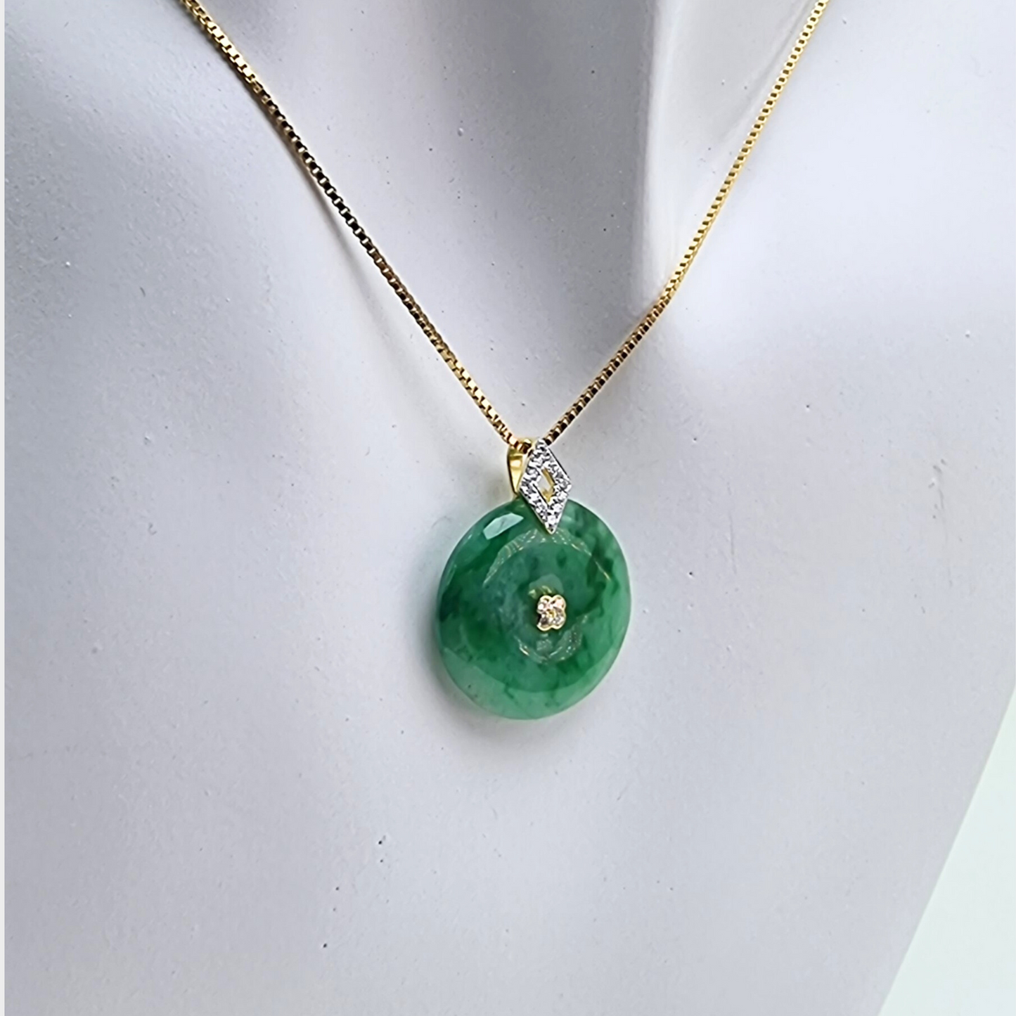 Green "Lucky Coin" Jadeite Jade Pendant in Yellow Gold with Diamonds