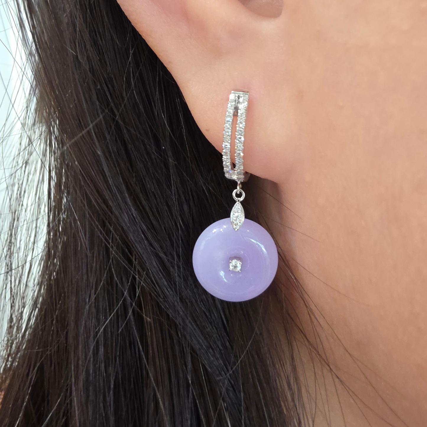 Lavender "Donuts" Jadeite Jade Drop & Dangle Earrings in White Gold with Diamonds