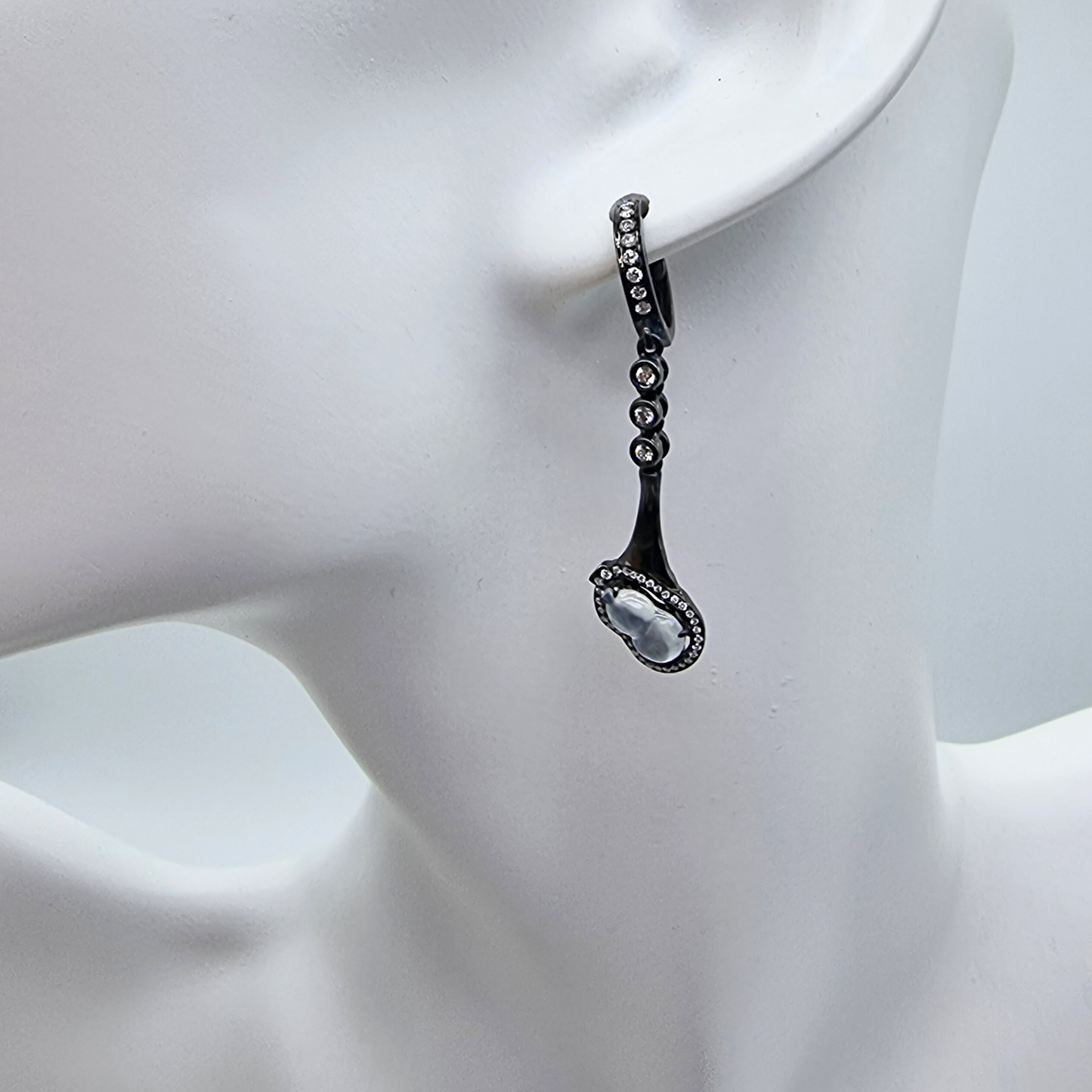 Icy "Auspicious Hulu" Jadeite Jade Drop & Dangle Earrings in Gold (plated black) with Diamonds