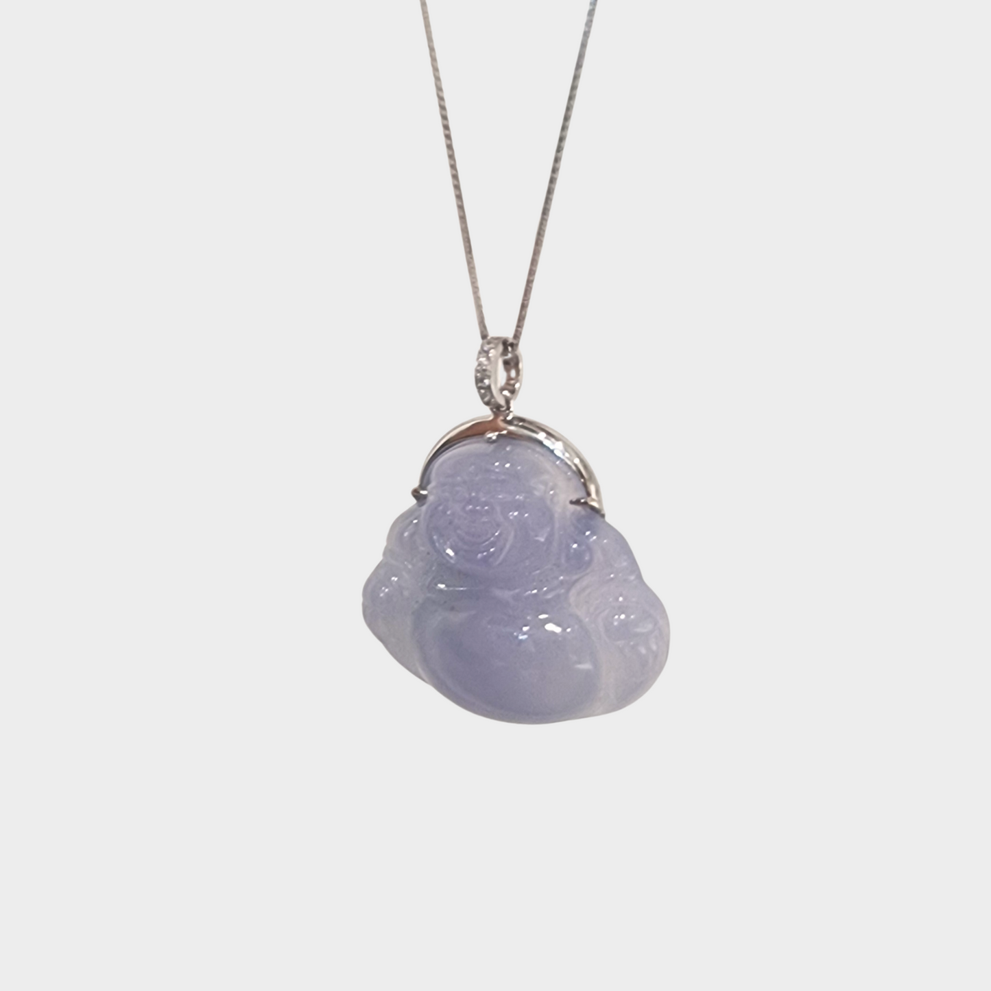 Laughing Buddha Jadeite Jade Pendant in White Gold with Diamonds
