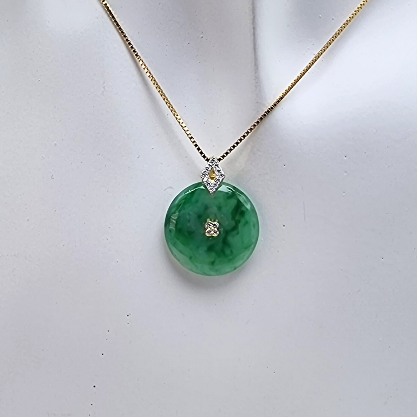 Green "Lucky Coin" Jadeite Jade Pendant in Yellow Gold with Diamonds
