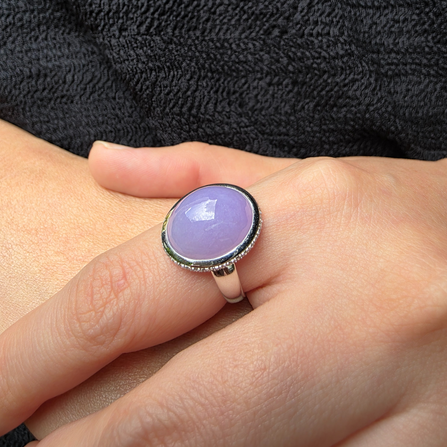 Lavender Jadeite Jade Cabochon Ring in White Gold with Diamonds
