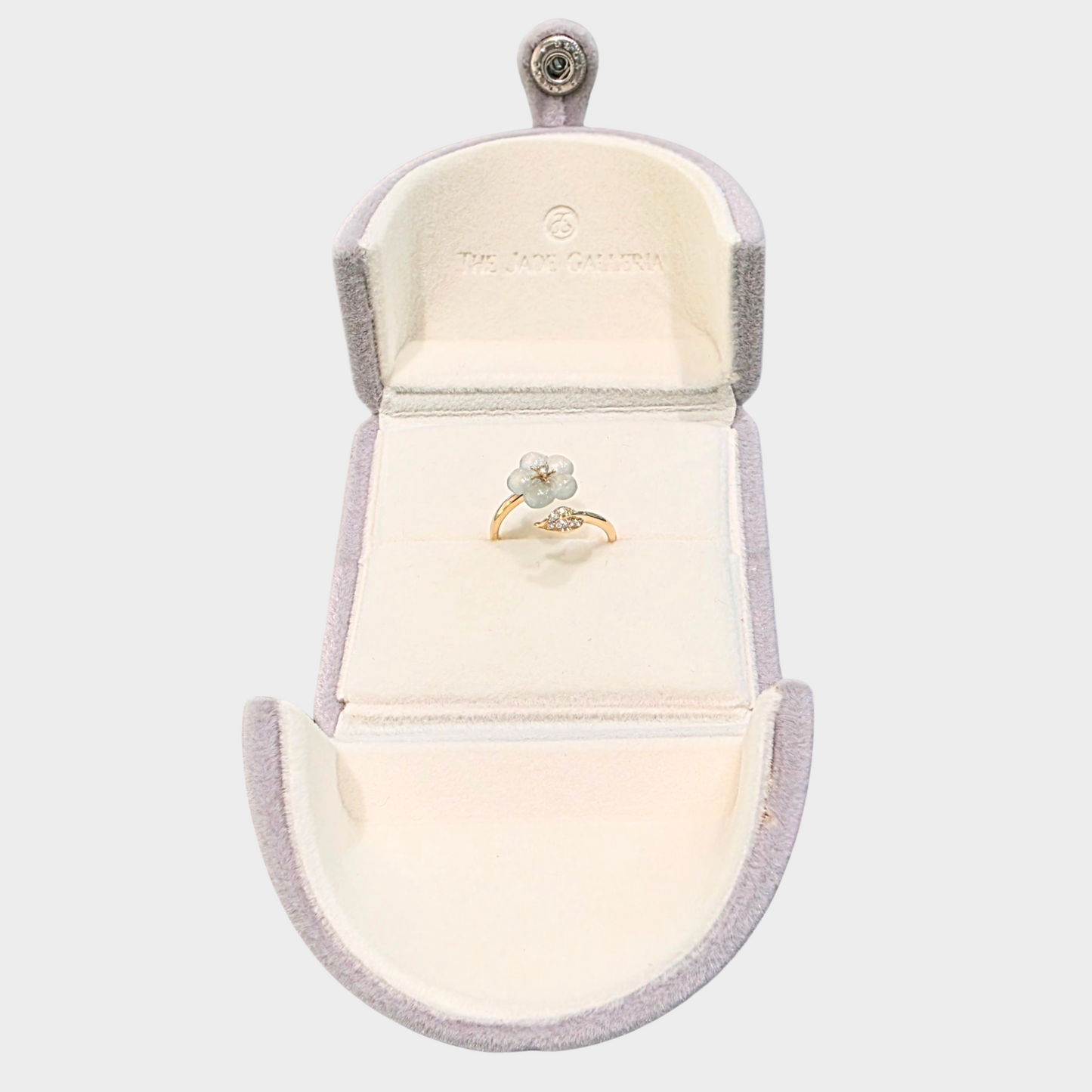 Icy "Peach Blossom" Jadeite Jade Ring in Yellow Gold with Diamonds
