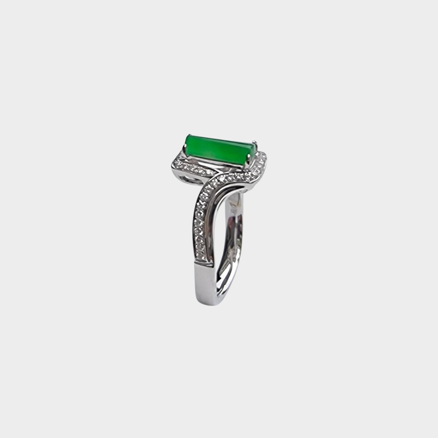 "Trapezoid" Apple Green Jadeite Jade Ring in White Gold with Diamonds