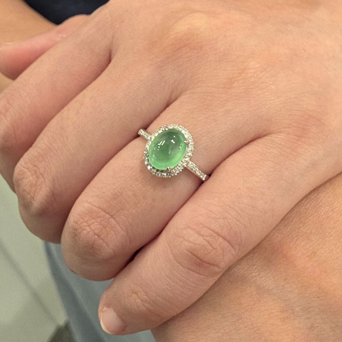 Jadeite Jade Cabochon Ring in White Gold with Diamonds