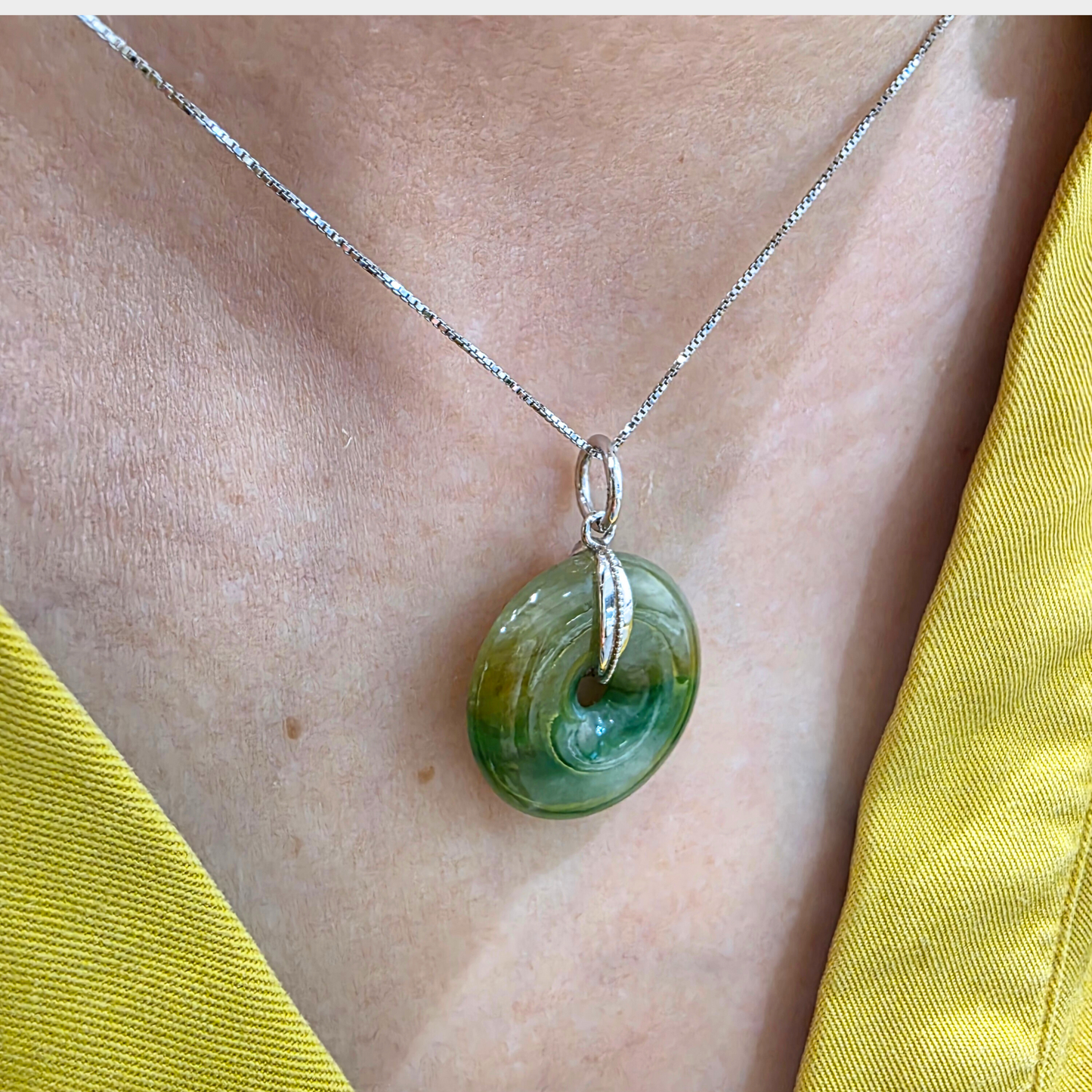 Yellow and Green "Lucky Coin" Jadeite Jade Pendant in White Gold